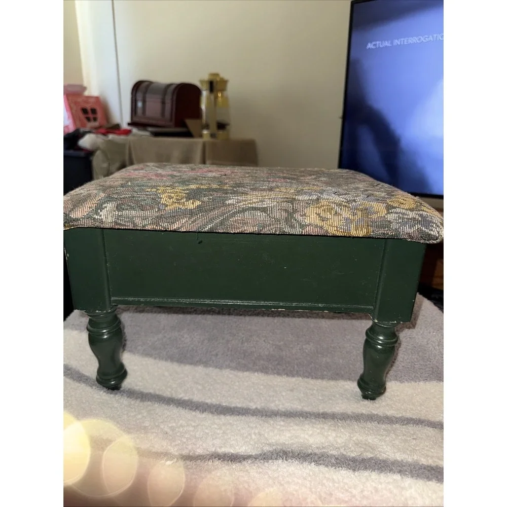 Vintage Floral Upholstered Low Foot Stool Ottoman Rectangle Oak With Storage